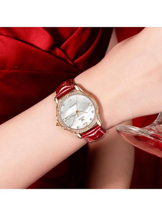 Women\'s Red-Leather Rose Gold Ceramic Two Tone Ladies Casual Watch Day Date Gift